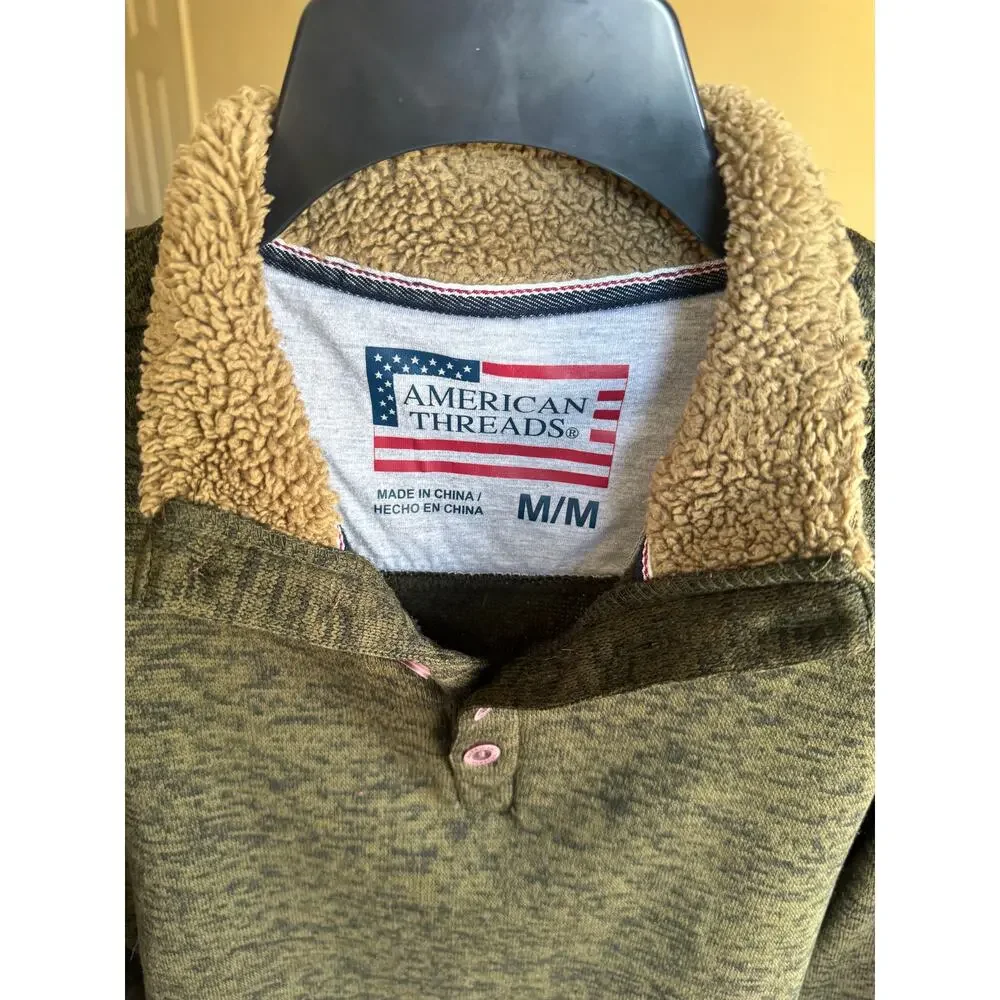 American Threads Men’s M Sherpa Collar Pullover Olive Green Long Sleeve Top